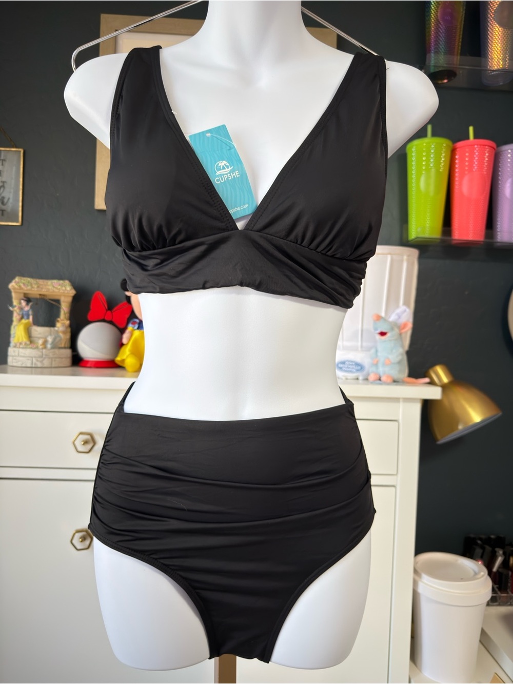 Cupshe Black Twist-Front V-Neck High-Waist Bikini
